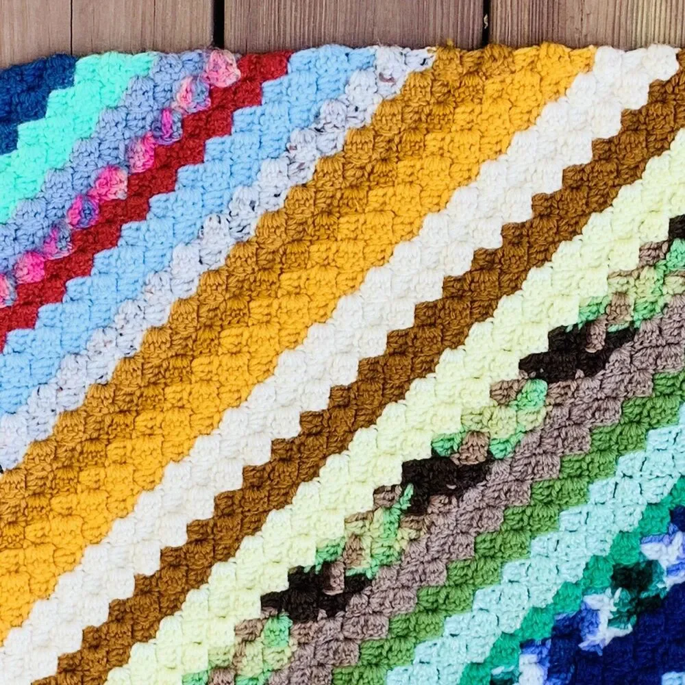 Vintage Crocheted Afghan Granny Lap Blanket Multi Colorful 30”x40”. EUC